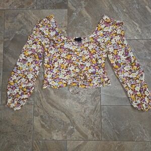 Sanctuary Drawn to You Floral Print Smocked Blouse‎ Cinched Waist Long Sleeve L
